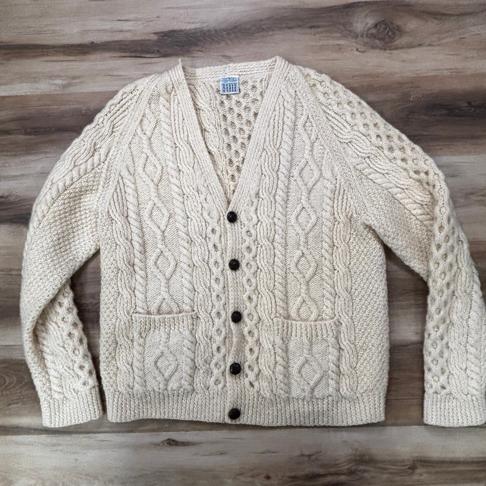 Blarney Woollen Mills Cardigan L Irish Aran Cable Knit Wool Vintage Fisherman